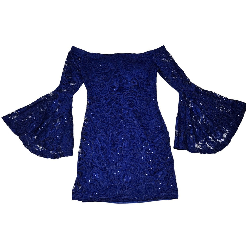 Blue Sequin Lace Bell Sleeve Off Shoulder Mini Dress S Coquette Romantic Fairy